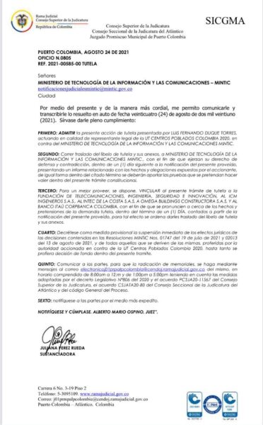  - Un juez bloqueó a MinTIC y le dio vida a Centros Poblados