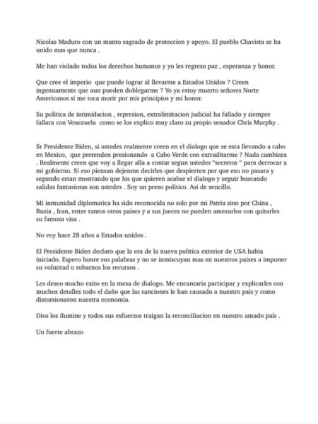  - Alex Saab detalla las torturas que recibe y jura lealtad a Maduro con explosiva carta