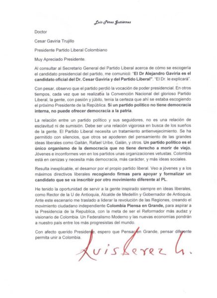  - Portazo de Luis Perez a Gaviria y al Partido Liberal