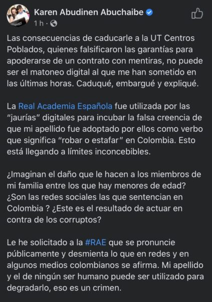  - Karen Abudinen estalla ante quienes usan su apellido como sinónimo de robar