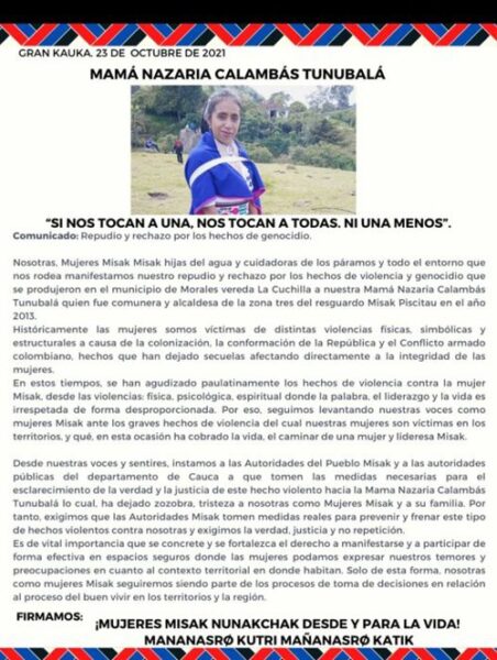 Los días de resistencia de Nazaria, la indígena Misak asesinada en el Cauca - -- Las2orillas - Los días de resistencia de Nazaria, la indígena Misak asesinada en el Cauca