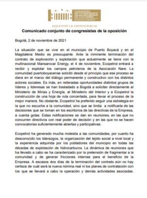  - La oposición se pronuncia sobre la situación de Ecopetrol en Puerto Boyacá