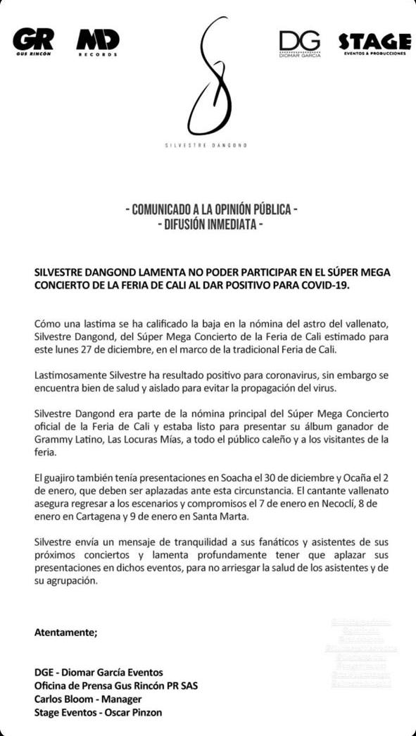  - Silvestre Dangond, otra gran estrella que se baja de la Feria de Cali por COVID-19