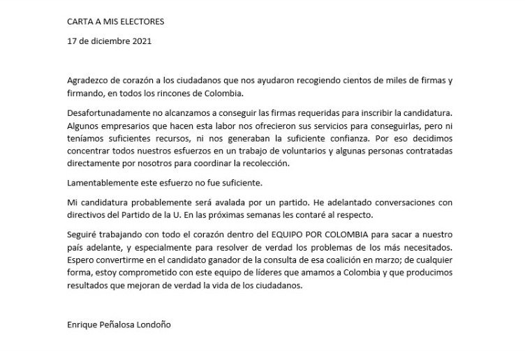  - Peñalosa busca al Partido de La U para salvar su candidatura 