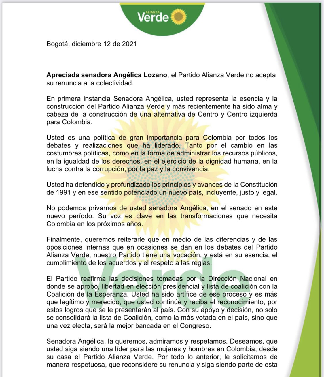  - Los Verdes se rehúsan a perder a Angélica Lozano, la senadora más votada del país