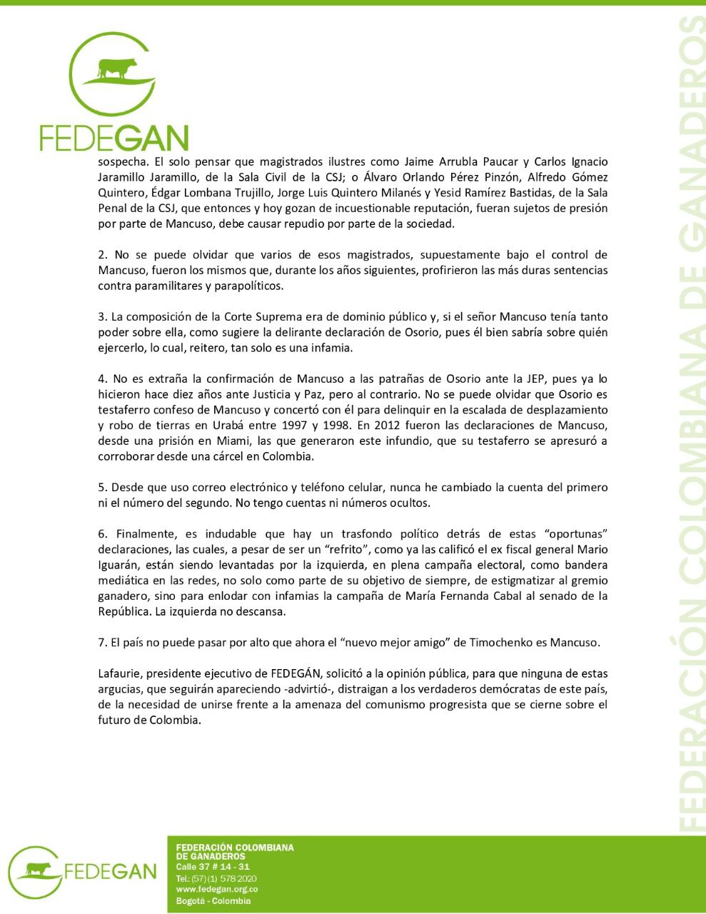  - Respuesta de Jose Felix Lafaurie a acusaciones de Benito Osorio