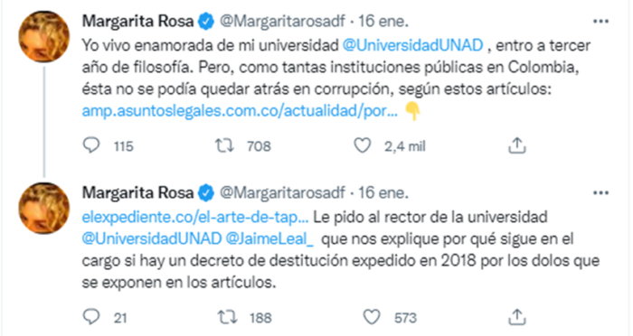  - Rifirrafe entre rector de la Universidad UNAD y Margarita Rosa de Francisco