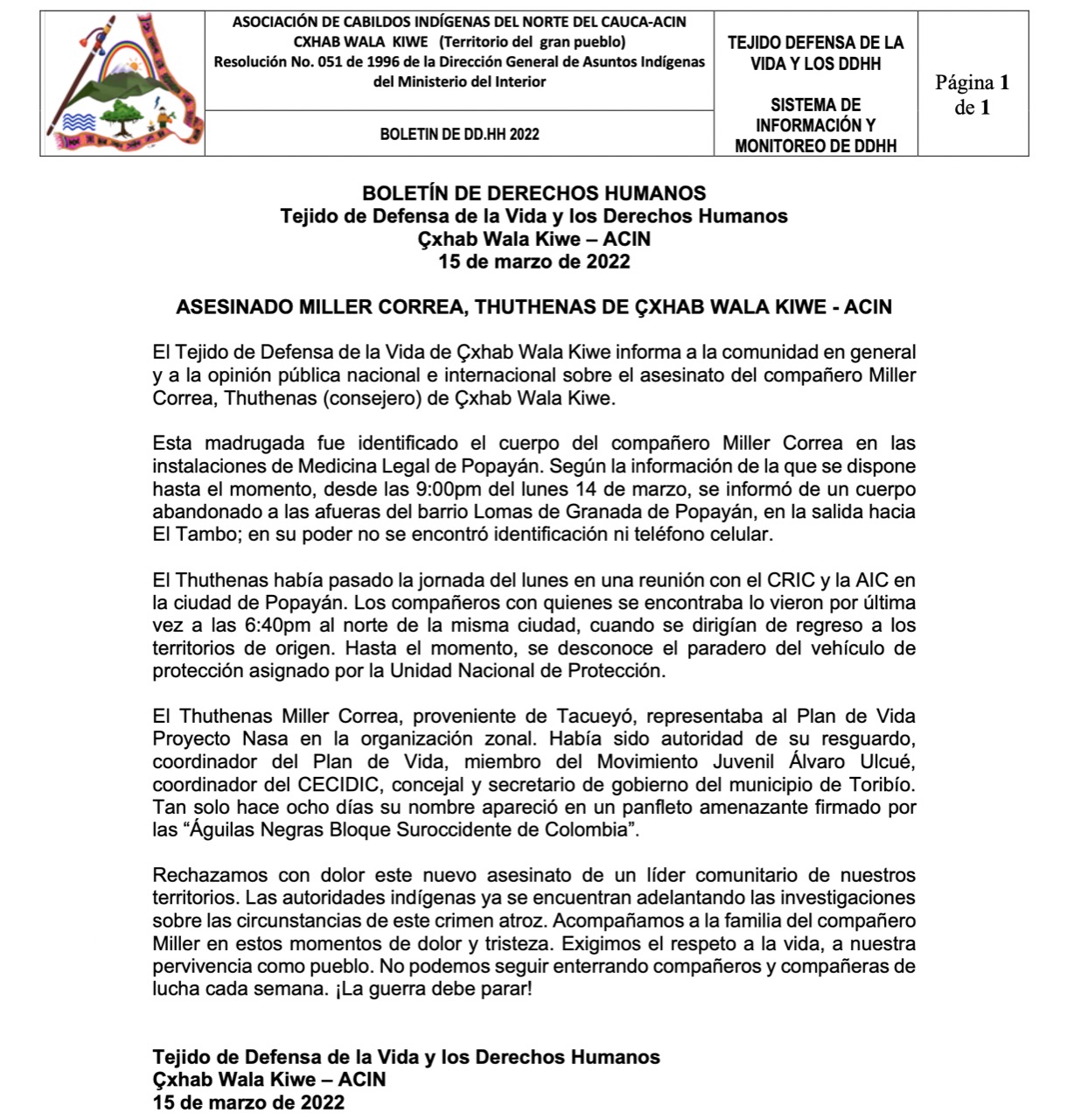  - Asesinan a consejero mayor de la Asociación de Cabildos Indígenas del Norte del Cauca