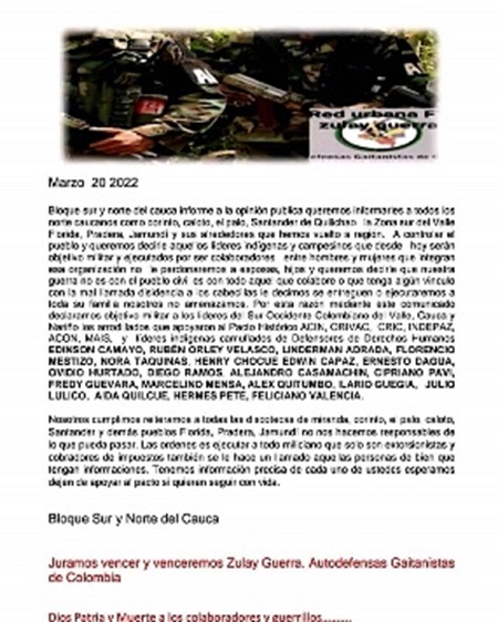  - La consejera mayor de las comunidades negras del norte del Cauca teme por su vida