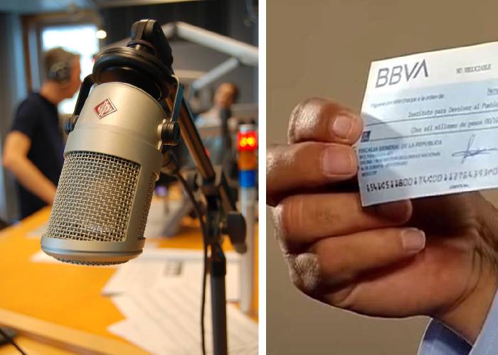 Con una mano en la grabadora y con la otra en el cheque