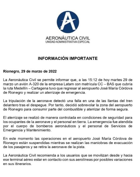  - Terror entre los viajeros por emergencia en vuelo de Latam Medellín-Cartagena