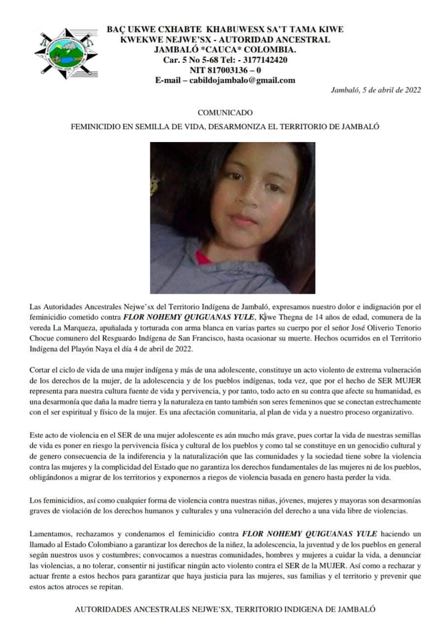  - Niña de 14 años fue víctima de feminicidio en el territorio de Jambaló