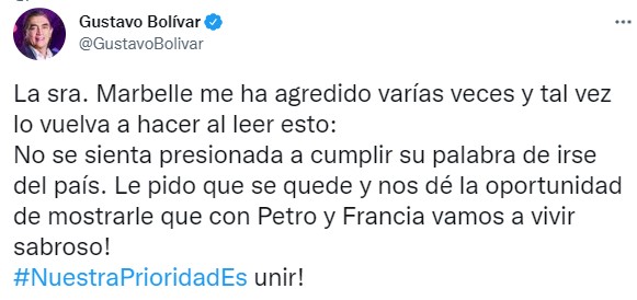  - Margarita Rosa y Gustavo Bolivar incitan a sus seguidores a destrozar a Marbelle en redes