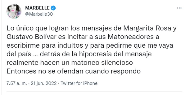  - Margarita Rosa y Gustavo Bolivar incitan a sus seguidores a destrozar a Marbelle en redes