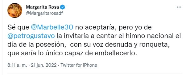  - Margarita Rosa y Gustavo Bolivar incitan a sus seguidores a destrozar a Marbelle en redes