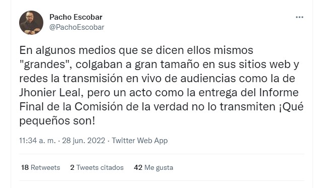  - "Los grandes medios prefirieron transmitir la audiencia de Johnier Leal y no la verdad del conflicto"