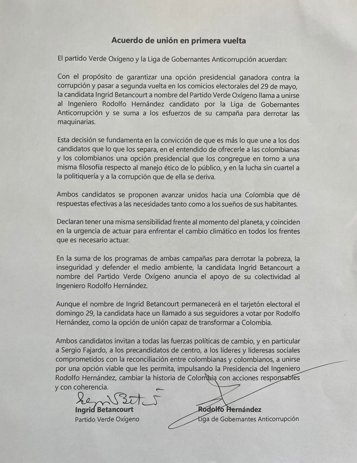  - El acuerdo Íngrid-Hernández: el único documento firmado por el ingeniero con algún político
