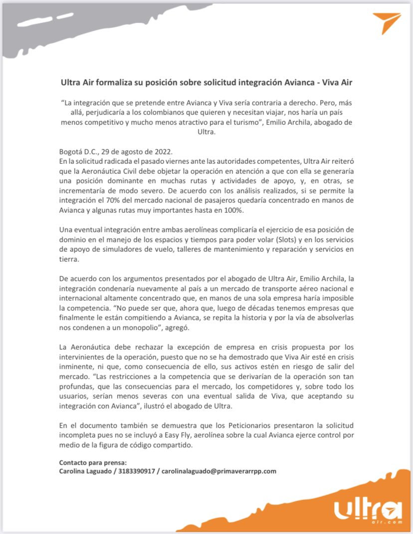  - Emilio Archila desempolva su título de abogado: entra en la pelea Avianca-Ultra Air