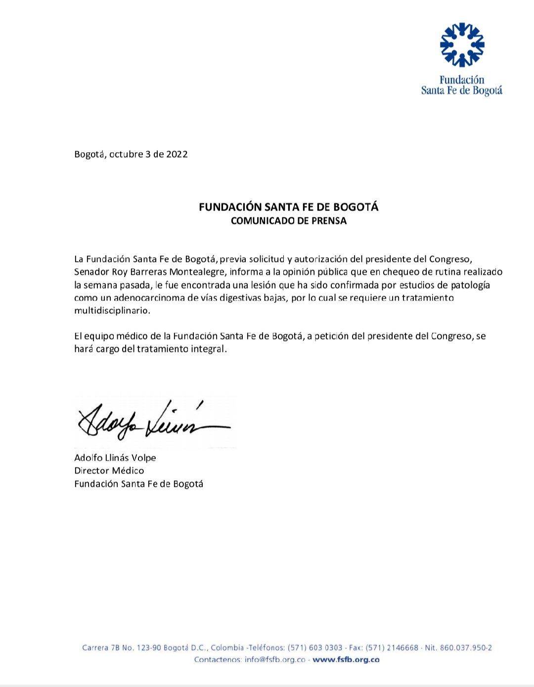  - El presidente del Congreso, Roy Barreras, fue diagnosticado con cáncer en vías digestivas bajas