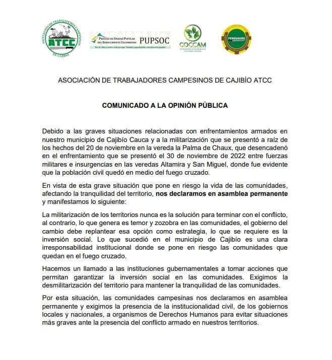  - Los campesinos de Cajibío entran a asamblea permanente por los combates