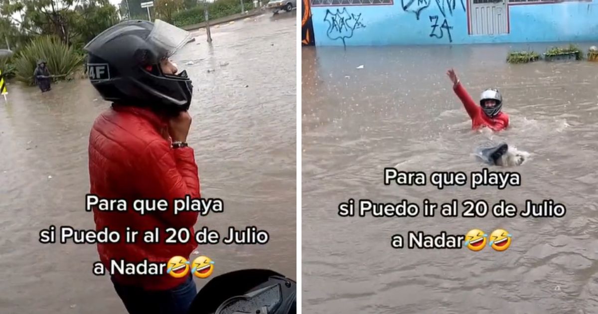 ¿Para qué playa? si tenemos el 20 julio: hombre se puso a nadar en calle inundada de Bogotá