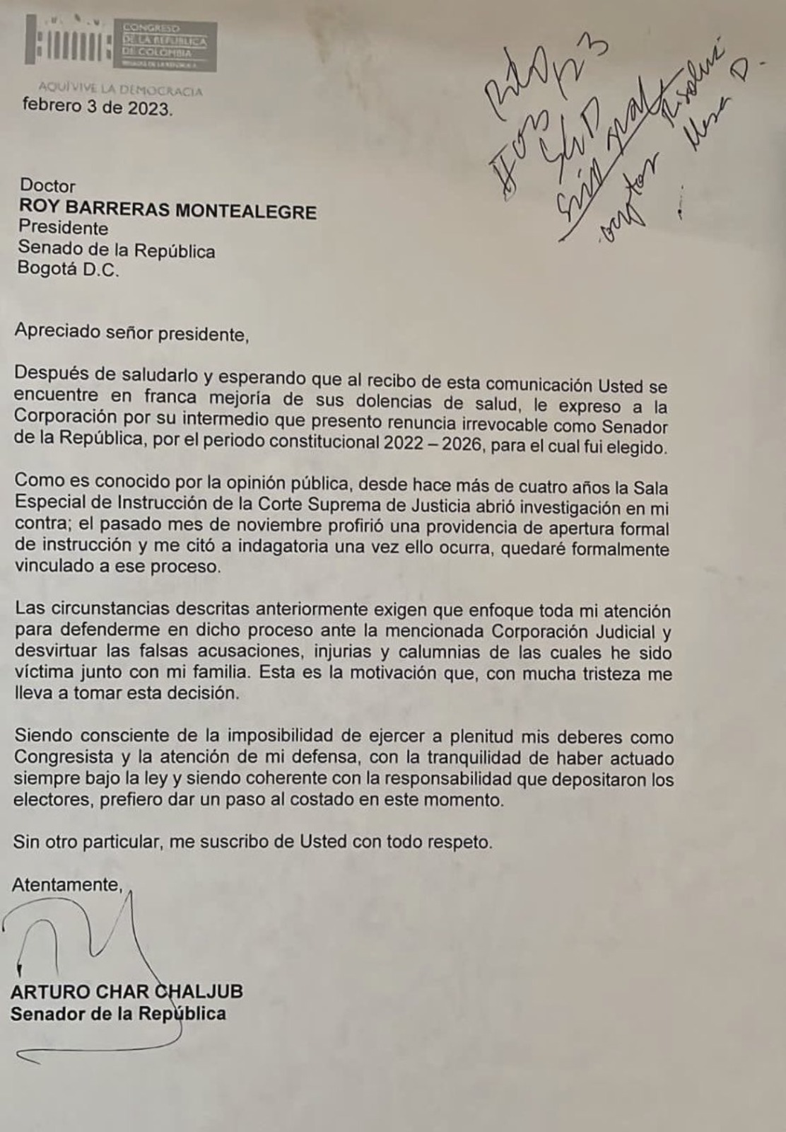  - Arturo Char precipita su renuncia al Senado para sacarle el quite a la Corte