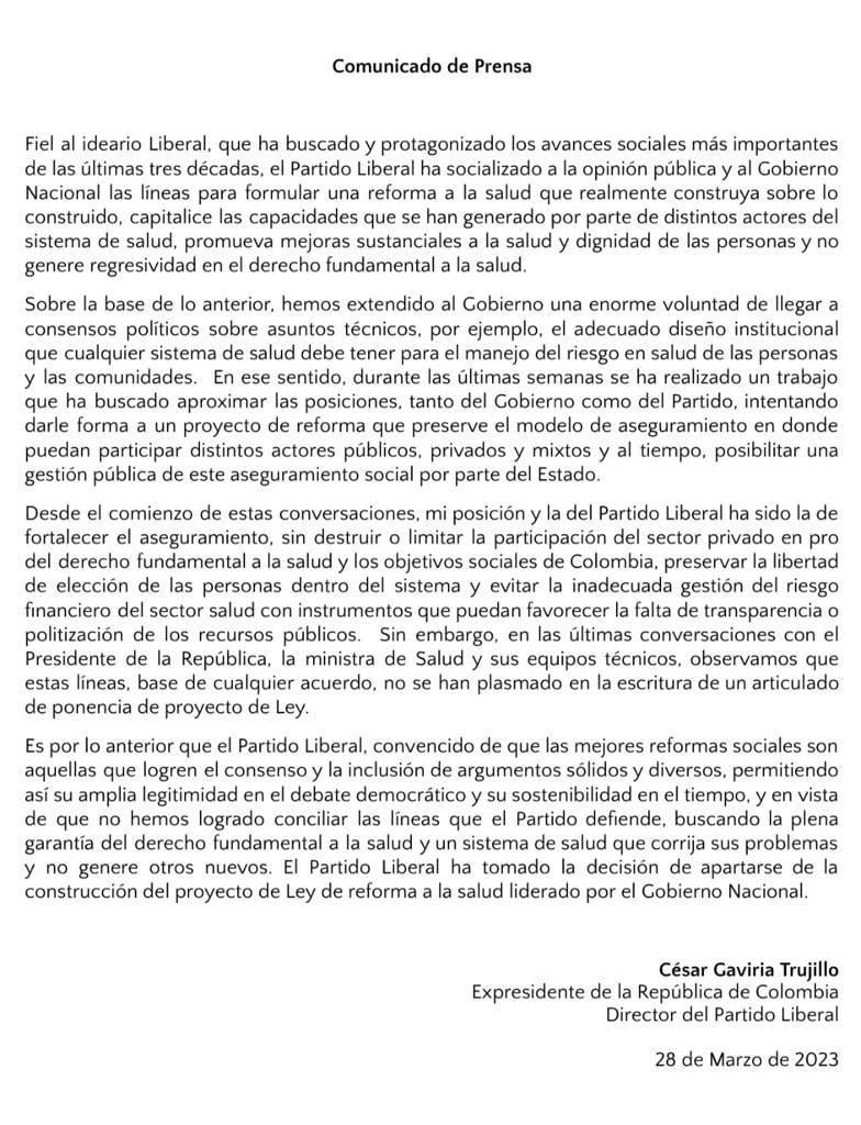 Con esta carta el expresidente Gaviria le da una portazo a la reforma de salud - -- Las2orillas carta de Cesar gaviria