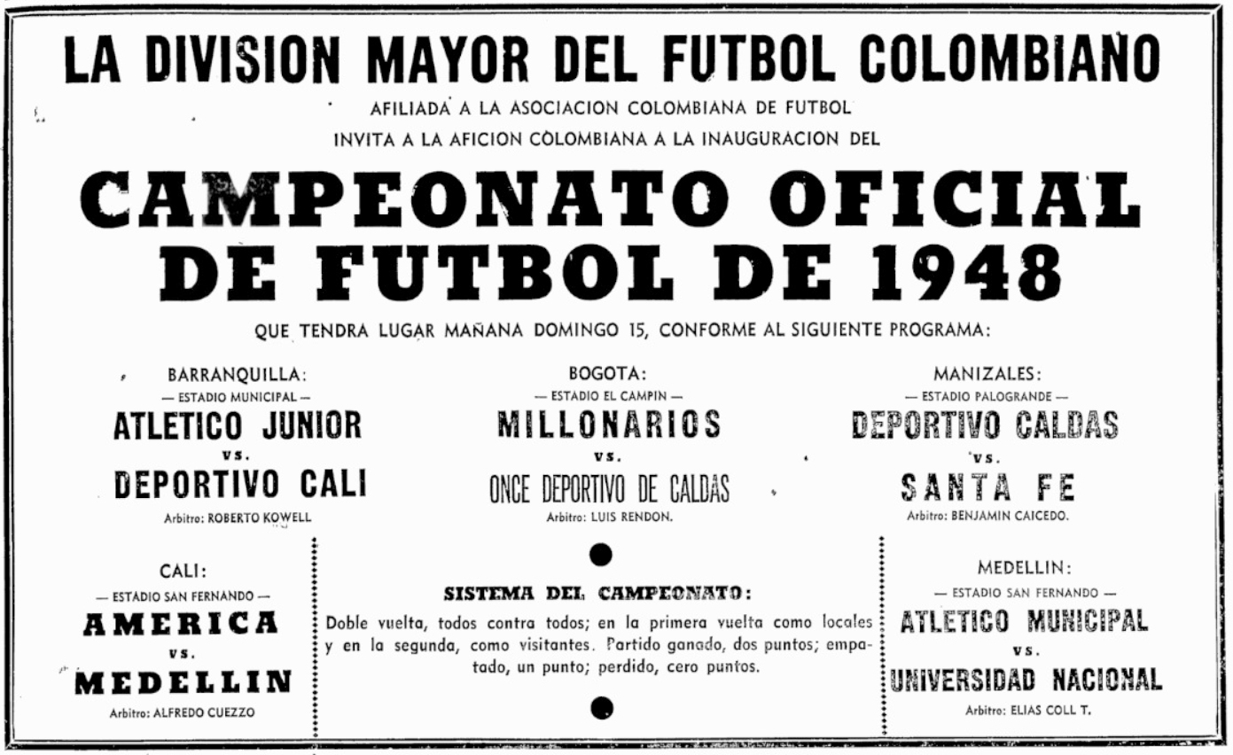 primera edición de Fútbol colombiano Atlético Nacional Millonarios Santa Fe