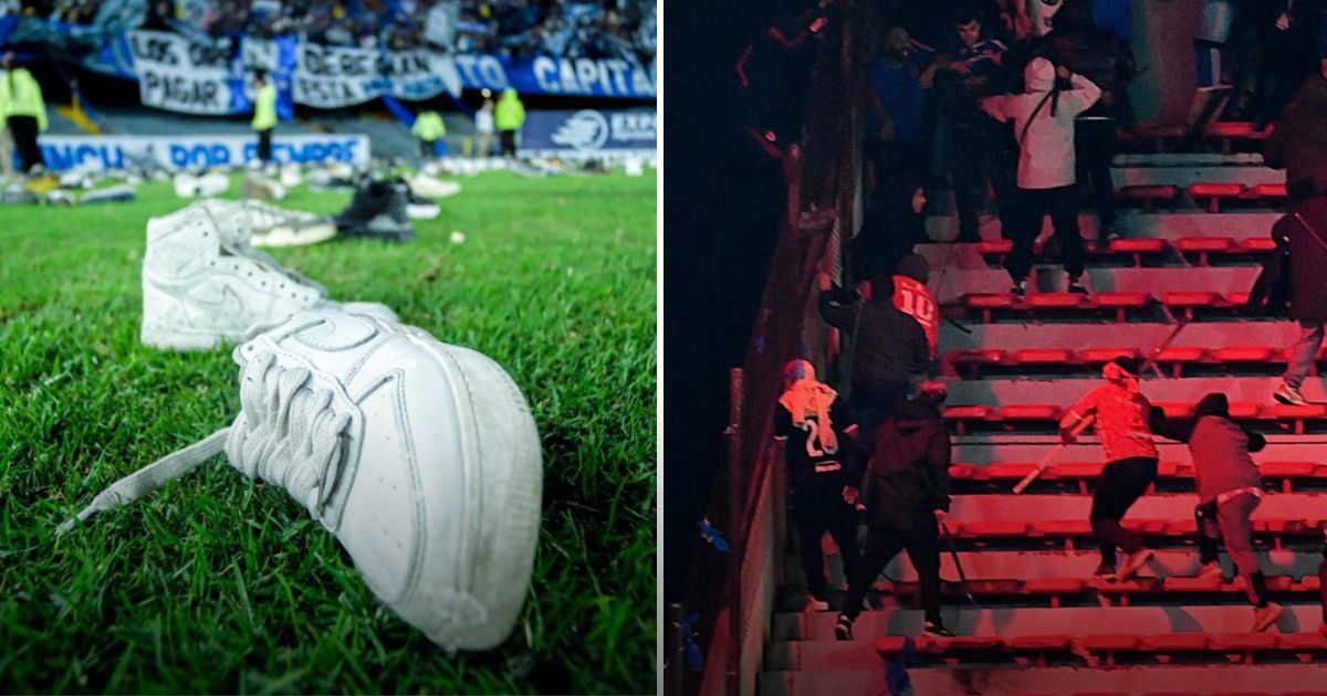 La ira que mató un hincha en Buenos Aires se transformó en una lluvia de zapatos y madrazos en Bogotá