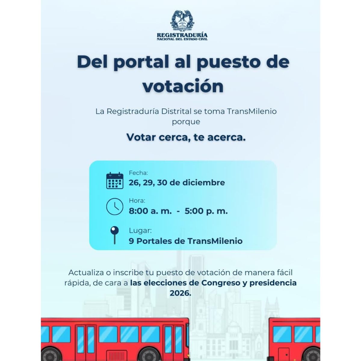  - La Registraduría se toma TransMilenio: entre portales y estaciones busca facilitar el voto en Bogotá
