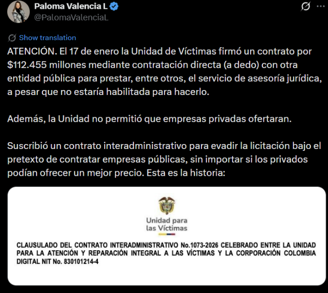  - La senadora y candidata del CD Paloma Valencia logró lo que Petro no pudo: tumbar al director de la Unidad de Víctimas