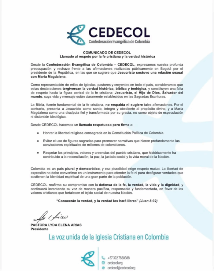 Reacción de Cedecol a las palabras de Petro sobre la vida sexual de Jesús