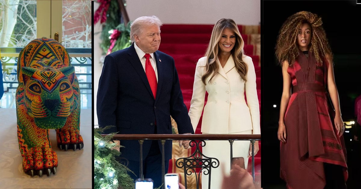 El artesano y la diseñadora tras el jaguar y el vestido que Petro les regaló a Donald y Melania Trump