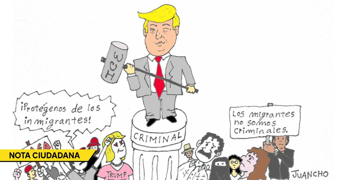  - Caricatura: La hipocresía de Trump persiguiendo migrantes mientras él carga con un grave expediente