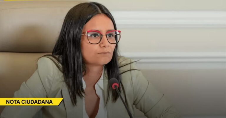 Woman with dark hair and red-framed glasses speaks into a microphone at a formal meeting; yellow - Angie Rodríguez, la funcionaria que se atornilla en el cargo mientras filtra secretos a la oposición