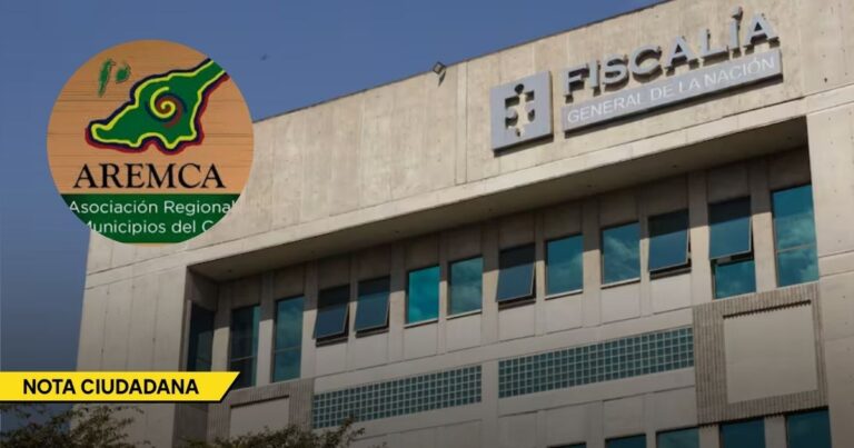Facade of the Fiscalía General de la Nación building with an AREMCA circular logo overlay and a yellow 'NOTA CIUDADANA' banner in the corner. - La Alcaldía de Santa Marta estaría involucrada en lo que sería uno de los casos de corrupción más grandes del país