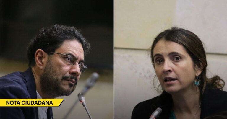 Split image of a man with glasses at a microphone on the left and a woman speaking into a microphone on the right; yellow 'NOTA CIUDADANA' banner visible on the left. - Cepeda y Paloma barren mientras Claudia López y Fajardo se hunden en el olvido