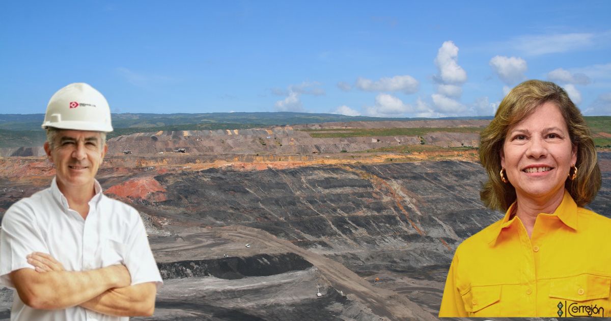 Two professionals stand at a large open-pit mine, man in a white shirt and hard hat, woman in a yellow blouse, blue sky behind. - Dos grandes carboneras extranjeras no han tirado la toalla y siguen en Colombia