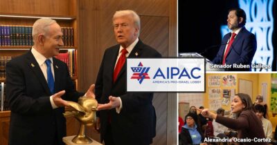 Collage: two men in suits shake hands beside a gold dove sculpture, with an AIPAC logo overlay in the center panel. - Las2orillas.co: Historias, voces y noticias de Colombia