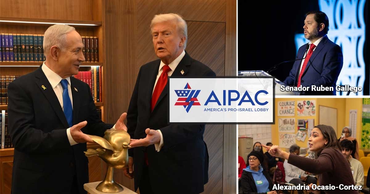 Collage: two men in suits shake hands beside a gold dove sculpture, with an AIPAC logo overlay in the center panel. - Un senador de origen colombiano y otros demócratas quieren frenar el lobby judío en el Congreso