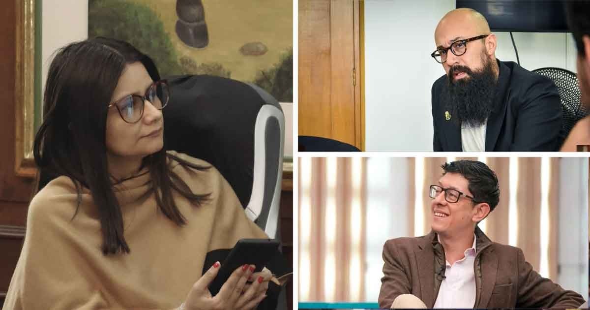 Collage of three professionals: a woman with glasses seated and looking at a smartphone on the left; a bearded man in a dark suit in an office on the top right; a man in a brown blazer smiling during a discussion on the bottom right. - La alta funcionaria que Petro mantiene atornillada en el cargo llevó a dos de los suyos a rendir cuentas en el Congreso
