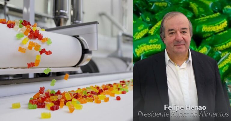 Split image: left shows a candy production line with colorful gummy candies; right shows a man in a suit with a green background and caption reading 'Felipe Henao, Presidente Super de Alimentos' - La repostería Deli le ganó a una multinacional China