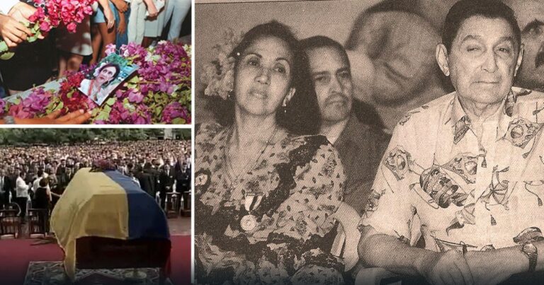 Collage of a memorial: flowers with a portrait, a flag-draped coffin at a funeral, and mourners nearby. - El día que las FARC acabaron con la vida de La Cacica Araújo, la fundadora del Festival Vallenato