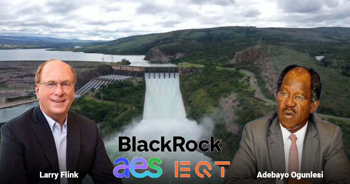 Two men in business suits sit in front of a dam with a cloudy sky, and the words BlackRock appear in bold with colored logos below it. - Los extranjeros que compran AES por US.700 millones y toman el control de la hidroeléctrica de Chivor