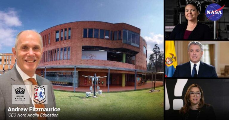 Andrew Fitzmaurice, CEO of Nord Anglia Education, in front of a brick campus building. - Las2orillas.co: Historias, voces y noticias de Colombia