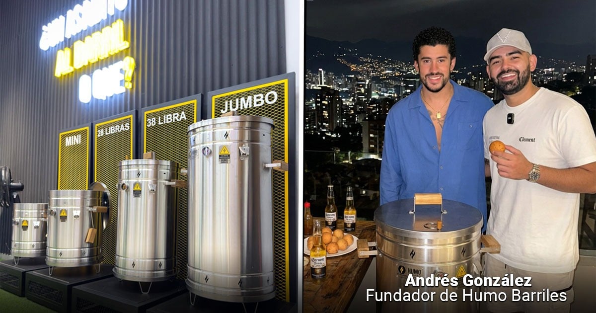 Left: display of stainless steel smoke barrels labeled Mini, Libra, Jumbo; right: Andrés González, fundador de Humo Barriles, with a friend beside a large smok­er barrel on a rooftop at night as city lights glow behind them. - La historia del paisa Andrés Humo Barriles y como logró exportar US millones con sus barriles para asar carne