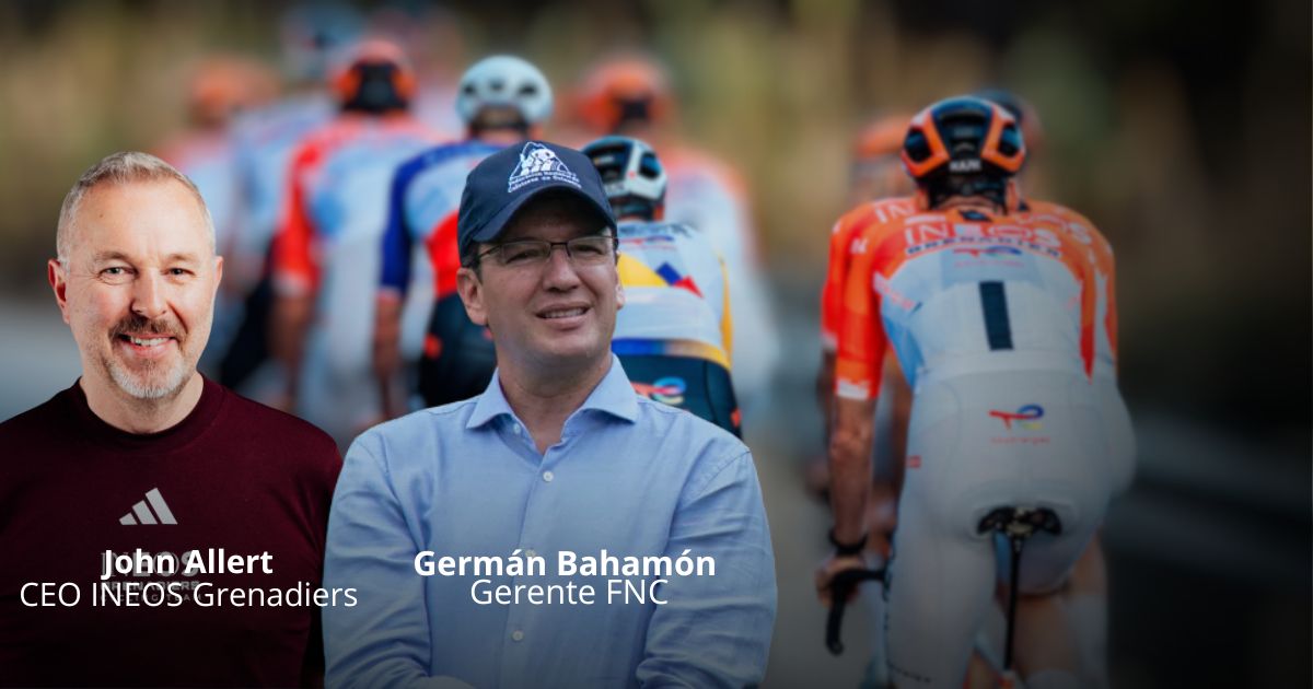 Two men in the foreground with a blurred bicycle peloton behind; captions read 'John Allert, CEO INEOS Grenadiers' and 'Germán Bahamón, Gerente FNC' - La jugada de Germán Bahamón para traer de vuelta Café de Colombia con equipo de ciclismo de talla mundial