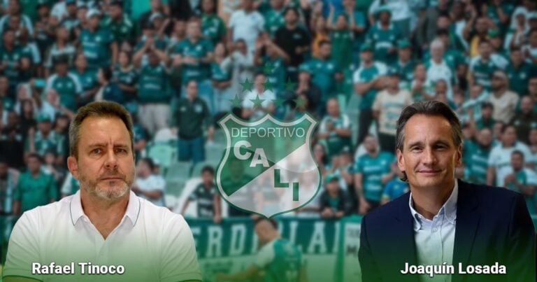 Rafael Tinoco (left) and Joaquín Losada (right) pose in front of a Deportivo Cali crest and green stadium crowd. - Primer revés en millonario proyecto de salvación del Deportivo Cali: se quedaron sin presidente