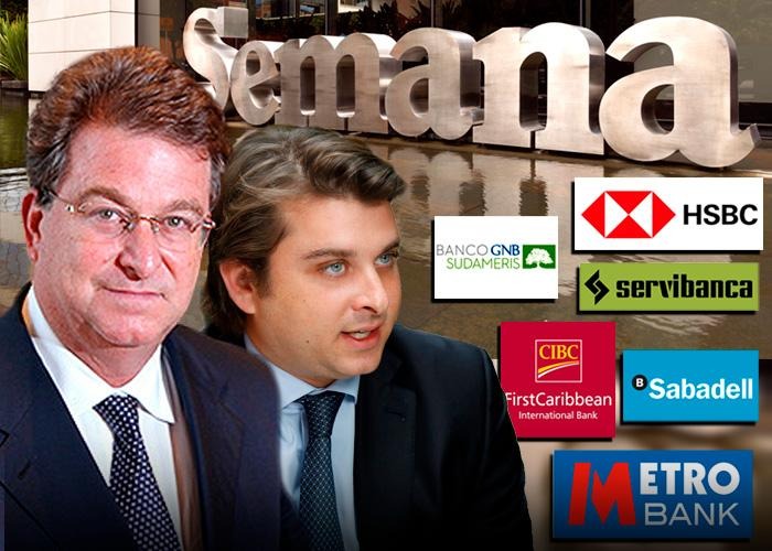 Two businessmen in suits in the foreground with a large Semana sign and several bank logos in the background. - Los 5 grandes medios de comunicación de Colombia perdieron millones en el 2025 