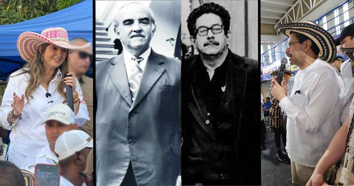 Collage of three speakers at an event: left—woman in a hat speaking into a mic; center—two men in suits in grayscale; right—man in a sombrero addressing the crowd with a mic. - El lazo familiar que une a Paloma Valencia con Iván Cepeda